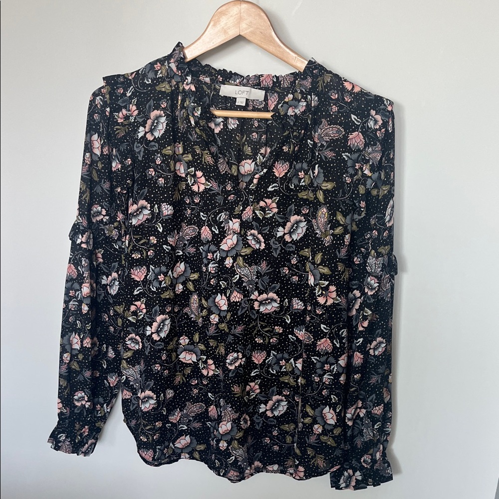 LOFT Black and Pink Floral Blouse size small